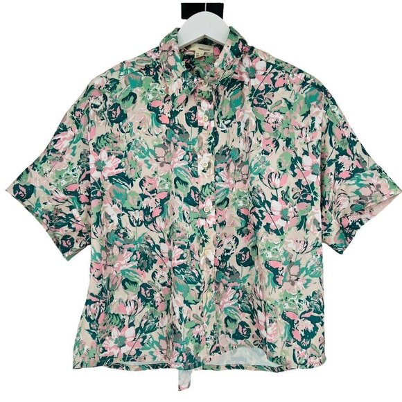 The Korner Button Up High Low Shirt Size S Floral Satin Cropped Boxy S/S NWT‎ - Picture 1 of 16